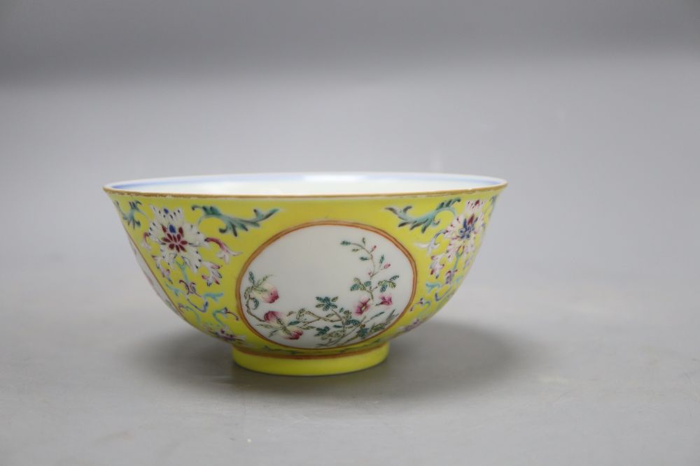 A Chinese yellow ground enamelled bowl, Daoguang mark, diameter 15cm